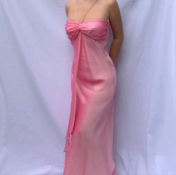 TingPo Wholesale Elegant Vintage A Line Halter 90s Pink Chiffon Prom Dresses Evening Gowns