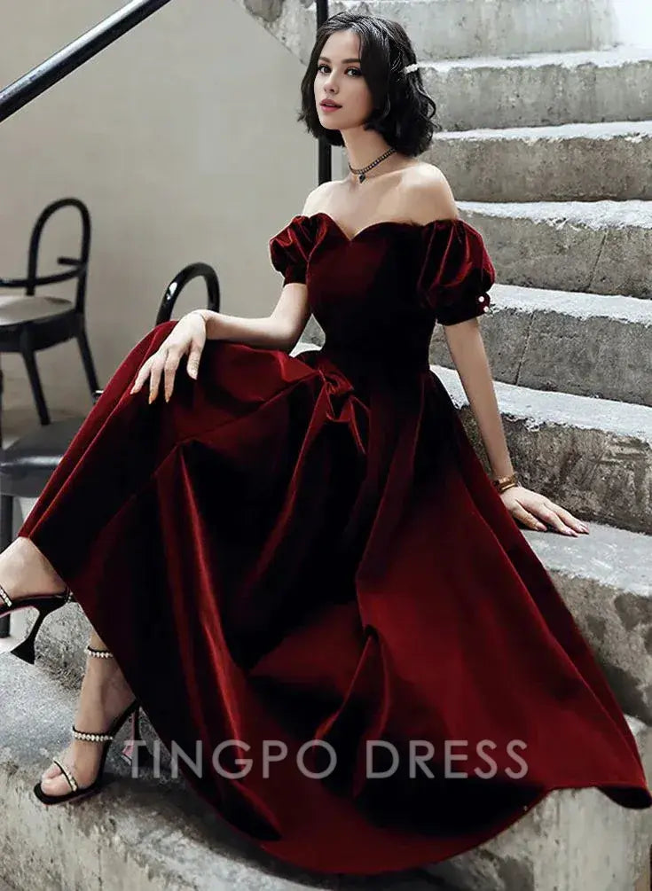 TingPo Wholesale Elegant Vintage A Line Off The Shoulder Burgundy Velvet Evening Dress Prom Dress