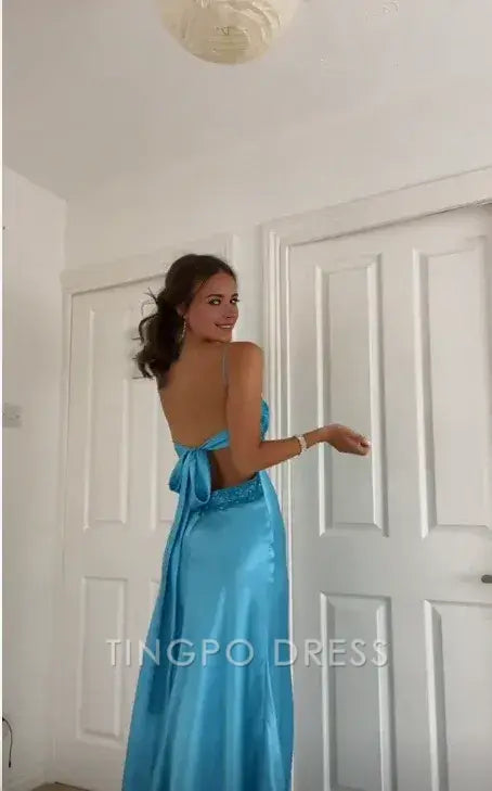 TingPo Wholesale Elegant Vintage A Line Spaghetti Straps 90s Blue Prom Dresses Evening Gowns With Bow