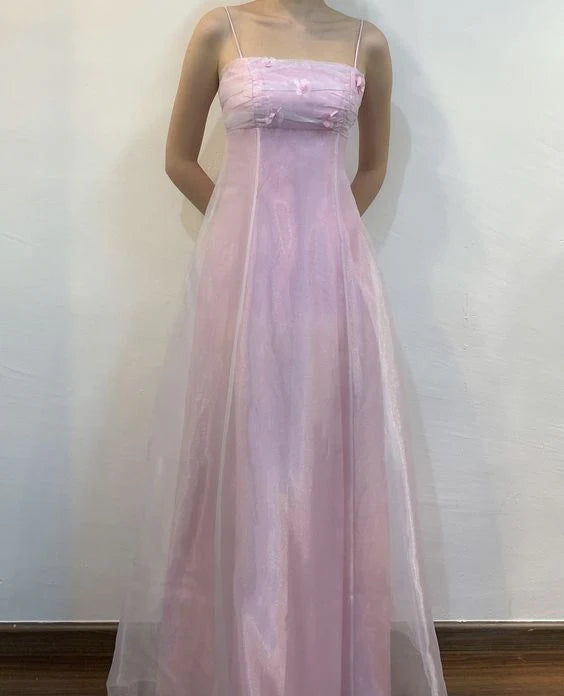 TingPo Wholesale Elegant Vintage A Line Spaghetti Straps 90s Pink Tulle Prom Dresses Evening Gowns