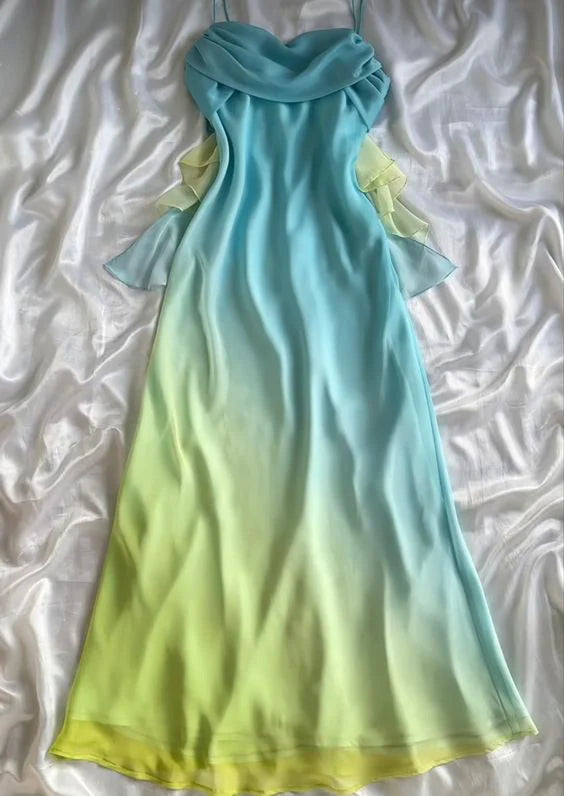 TingPo Wholesale Elegant Vintage A Line Spaghetti Straps Long Prom Dresses Evening Dress With Ruffles