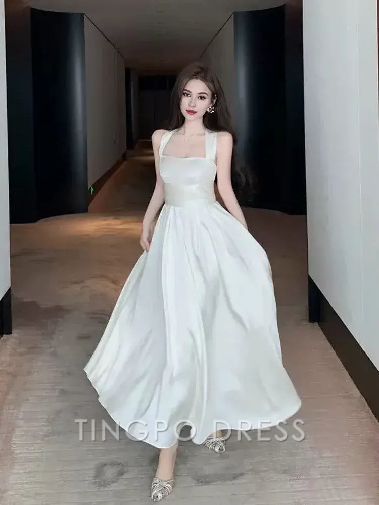 TingPo Wholesale Elegant Vintage A Line Square Neckline White Satin Evening Dress Prom Dresses