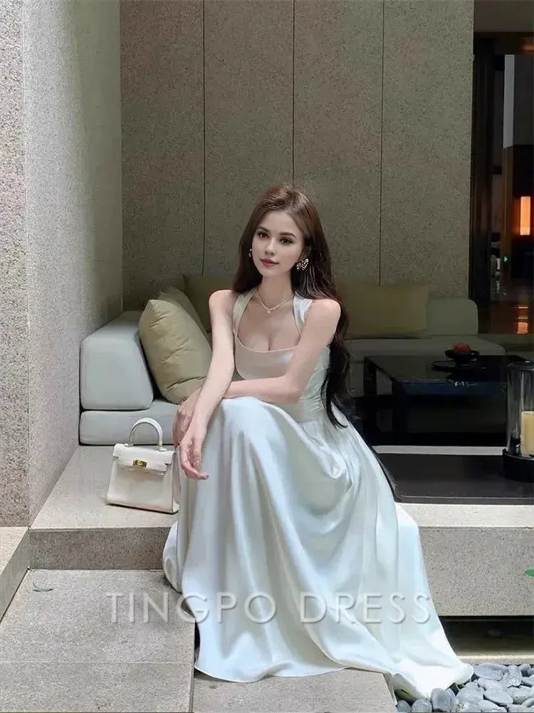 TingPo Wholesale Elegant Vintage A Line Square Neckline White Satin Evening Dress Prom Dresses