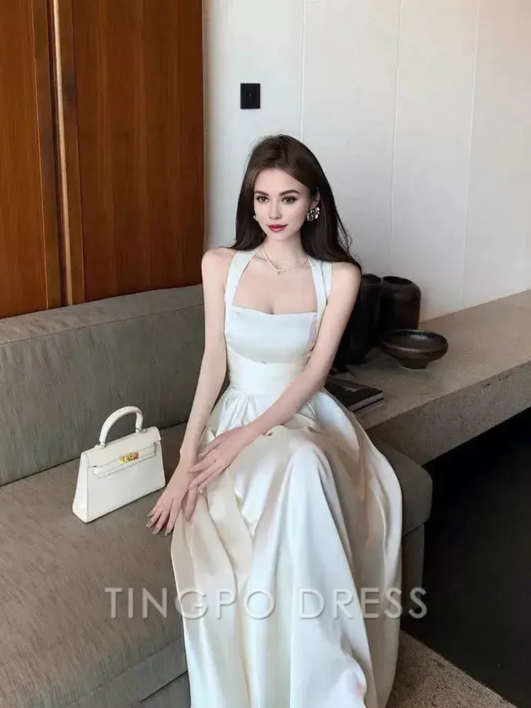 TingPo Wholesale Elegant Vintage A Line Square Neckline White Satin Evening Dress Prom Dresses