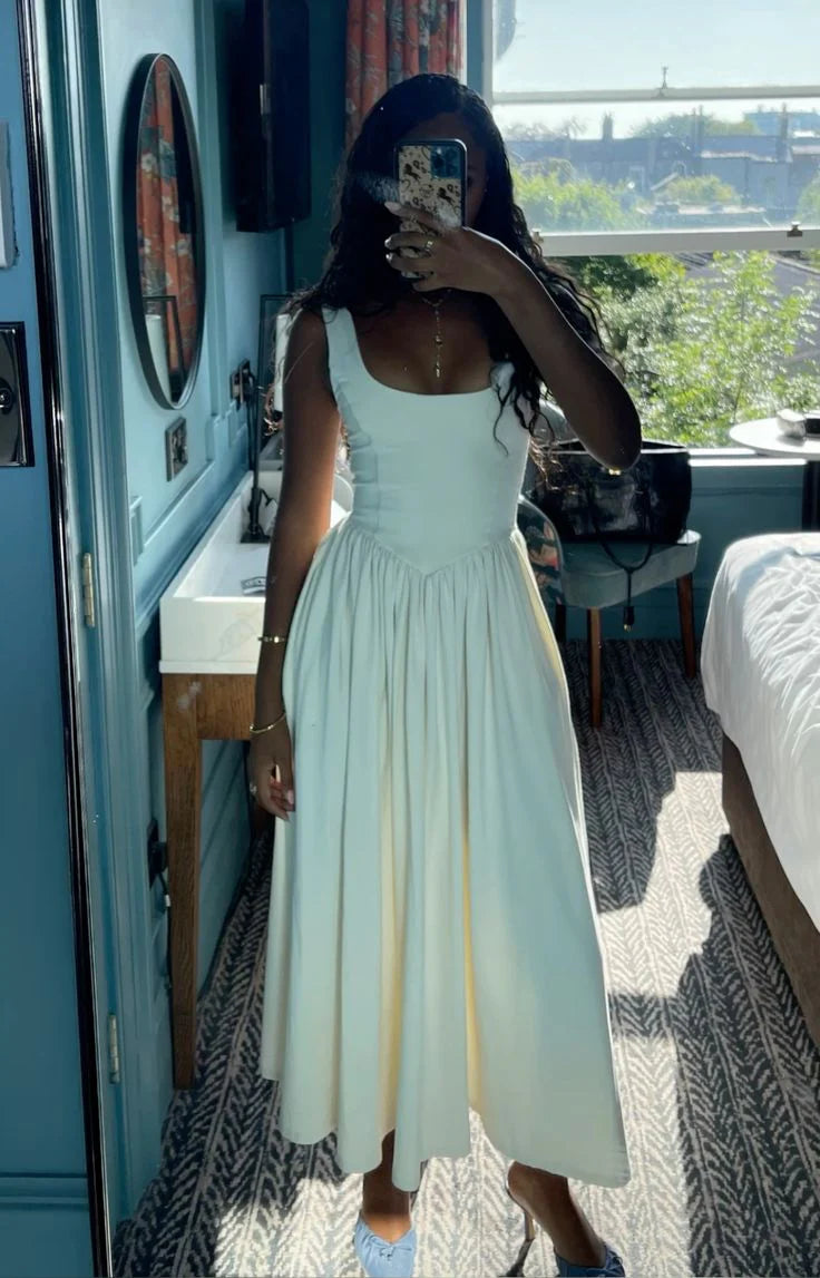 TingPo Wholesale Elegant Vintage A Line Square Neckline White Satin Evening Dress Prom Dresses Birthday Outfits