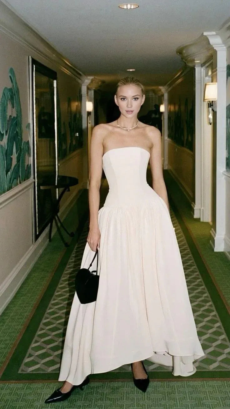 TingPo Wholesale Elegant Vintage A Line Strapless Satin Evening Dress Prom Dresses Long Birthday Outfits