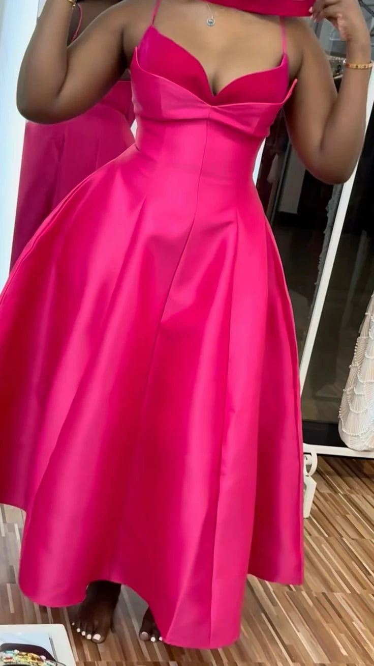 TingPo Wholesale Elegant Vintage A line Spaghetti Straps Hot Pink Satin Evening Dress Ankle Length Prom Dresses