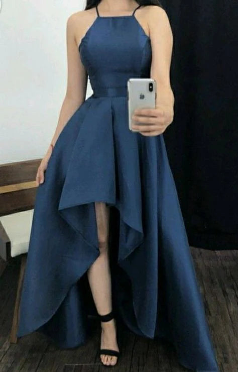 TingPo Wholesale Elegant Vintage High Low Halter Navy Blue Satin Prom Dresses Evening Gowns