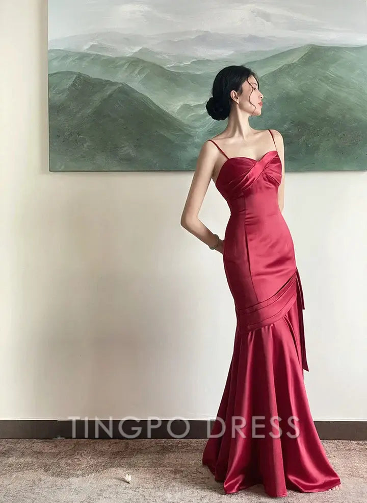 TingPo Wholesale Elegant Wine Red Satin Straps Long Evening Dress Prom Dress