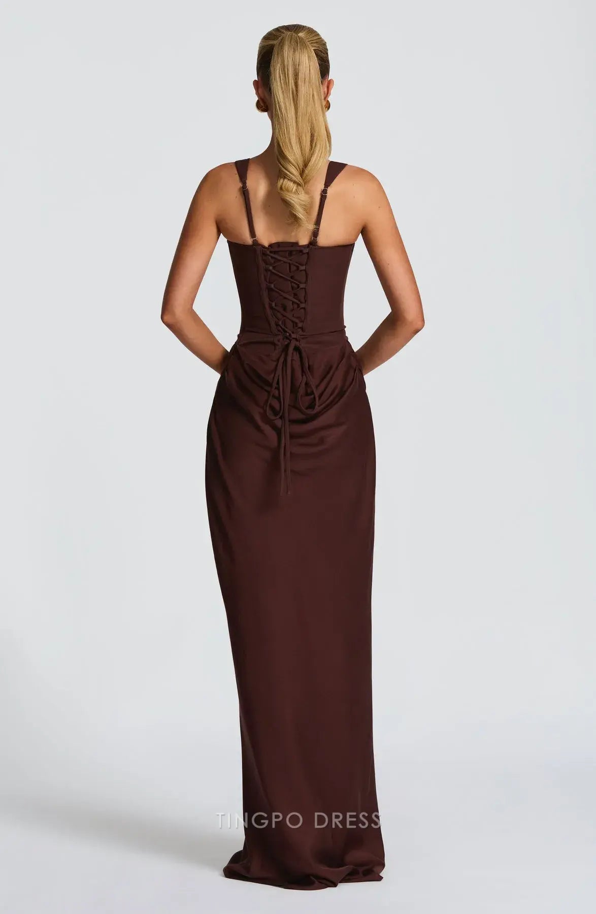 Elegant Square Neck Lace-Up Back Draped Sheath Floor-Length Maxi Dress Prom Dress