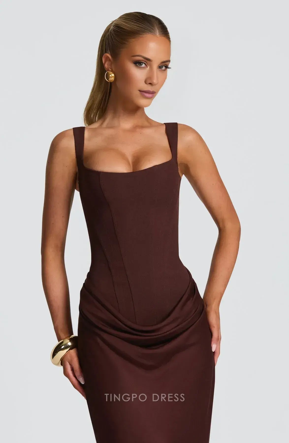 Elegant Square Neck Lace-Up Back Draped Sheath Floor-Length Maxi Dress Prom Dress