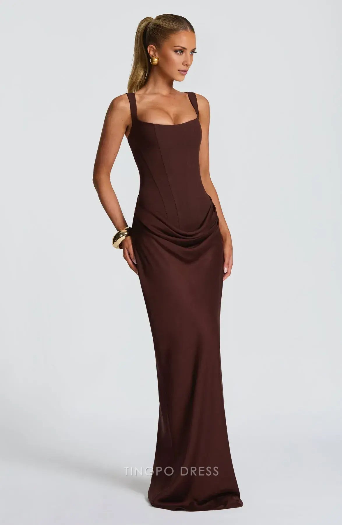 Elegant Square Neck Lace-Up Back Draped Sheath Floor-Length Maxi Dress Prom Dress