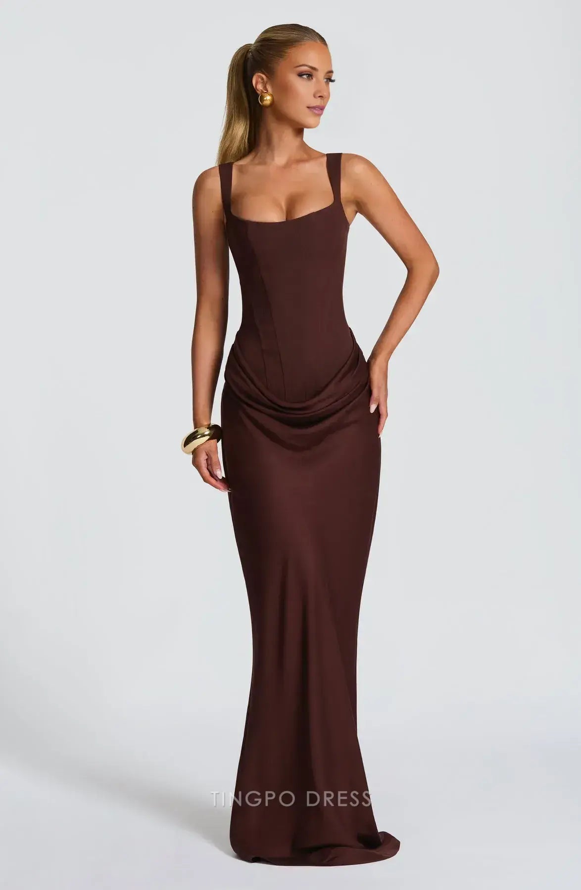 Elegant Square Neck Lace-Up Back Draped Sheath Floor-Length Maxi Dress Prom Dress