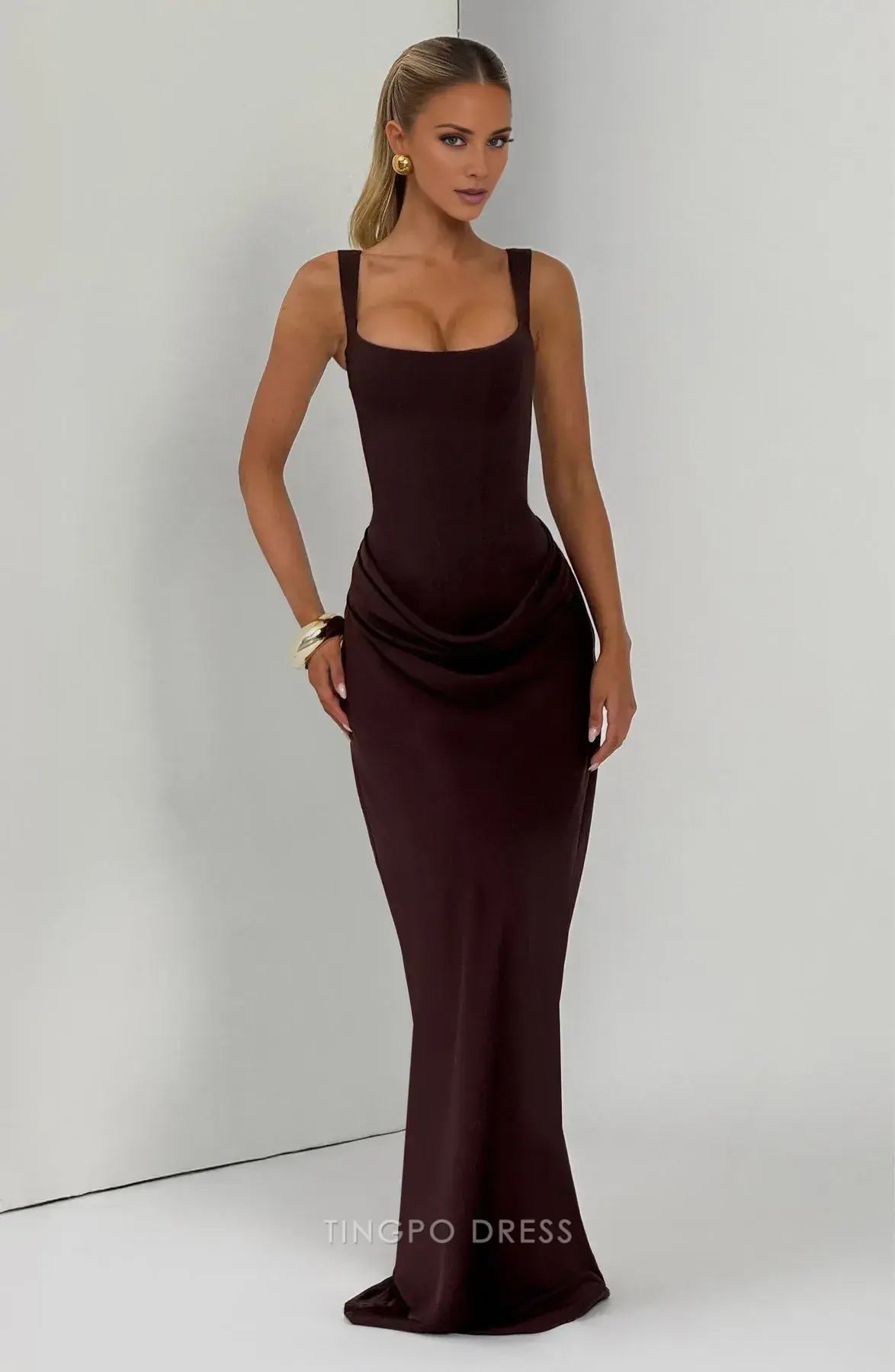 Elegant Square Neck Lace-Up Back Draped Sheath Floor-Length Maxi Dress Prom Dress