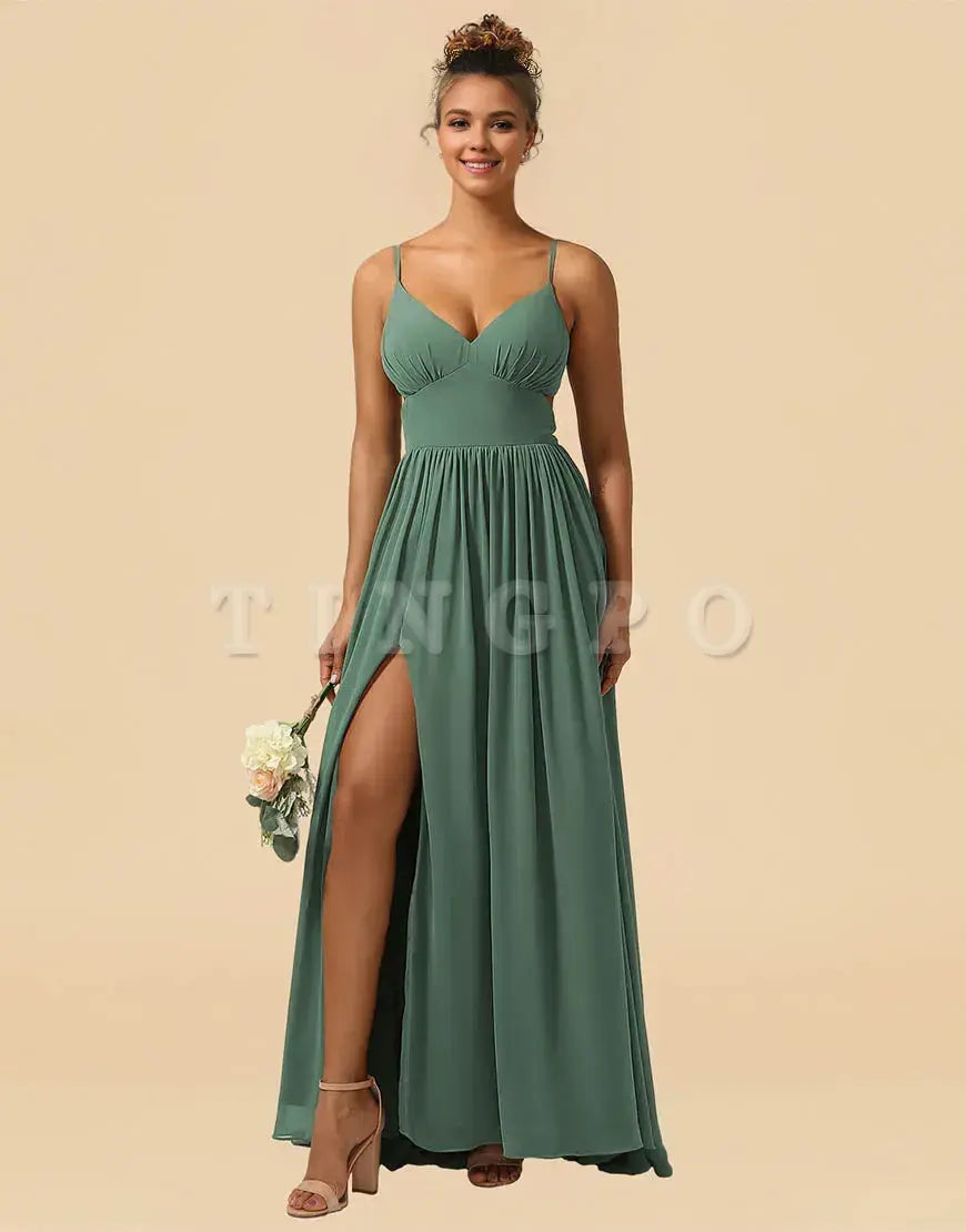 Wholesale Eucalyptus A-Line Spaghetti Straps Floor Length Chiffon Bridesmaid Dress with Split Bridesmaid dress shop ﻿