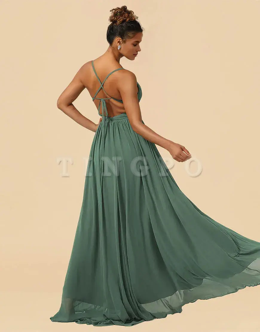 Wholesale Eucalyptus A-Line Spaghetti Straps Floor Length Chiffon Bridesmaid Dress with Split Bridesmaid dress shop ﻿