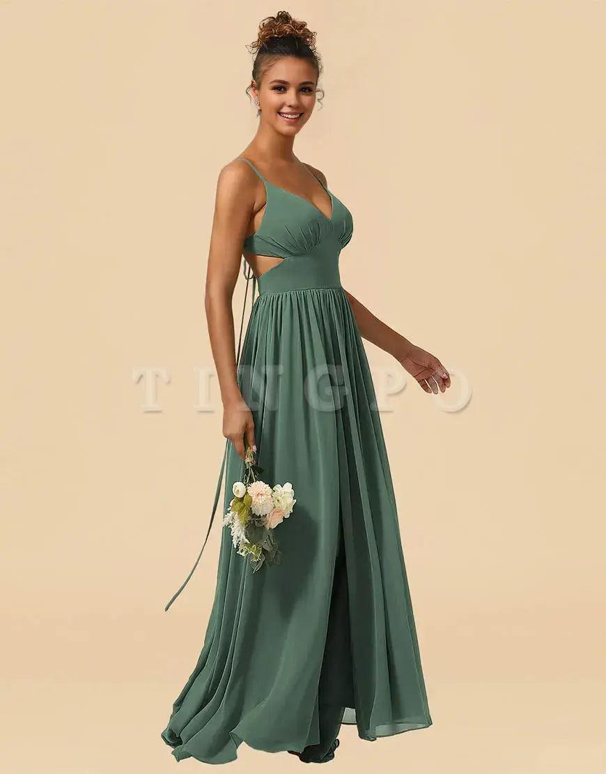 Wholesale Eucalyptus A-Line Spaghetti Straps Floor Length Chiffon Bridesmaid Dress with Split Bridesmaid dress shop ﻿