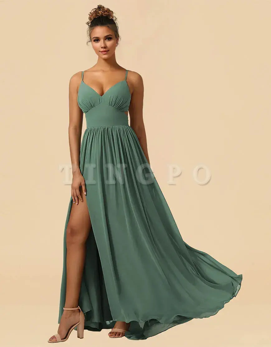 Wholesale Eucalyptus A-Line Spaghetti Straps Floor Length Chiffon Bridesmaid Dress with Split Bridesmaid dress shop ﻿