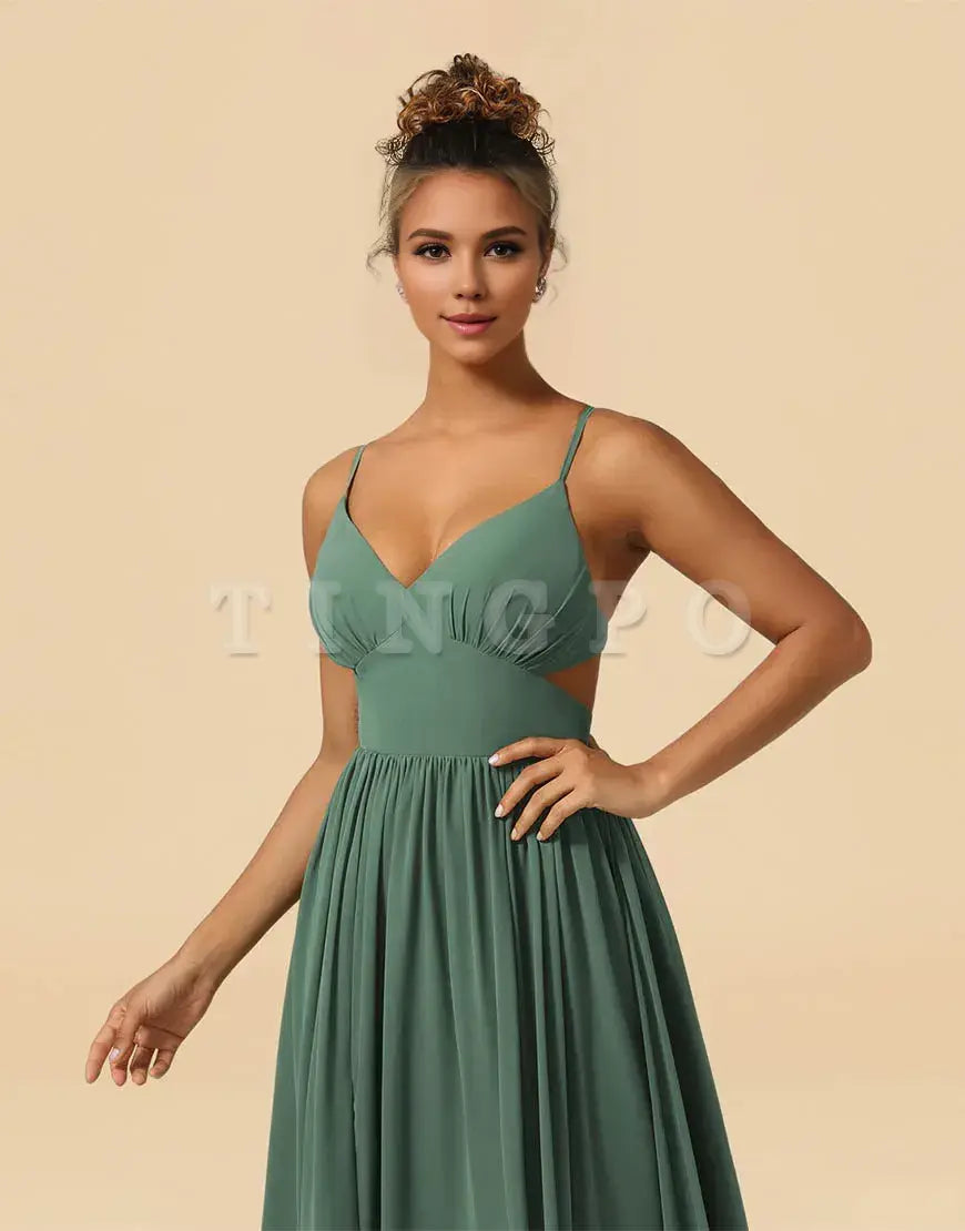 Wholesale Eucalyptus A-Line Spaghetti Straps Floor Length Chiffon Bridesmaid Dress with Split Bridesmaid dress shop ﻿