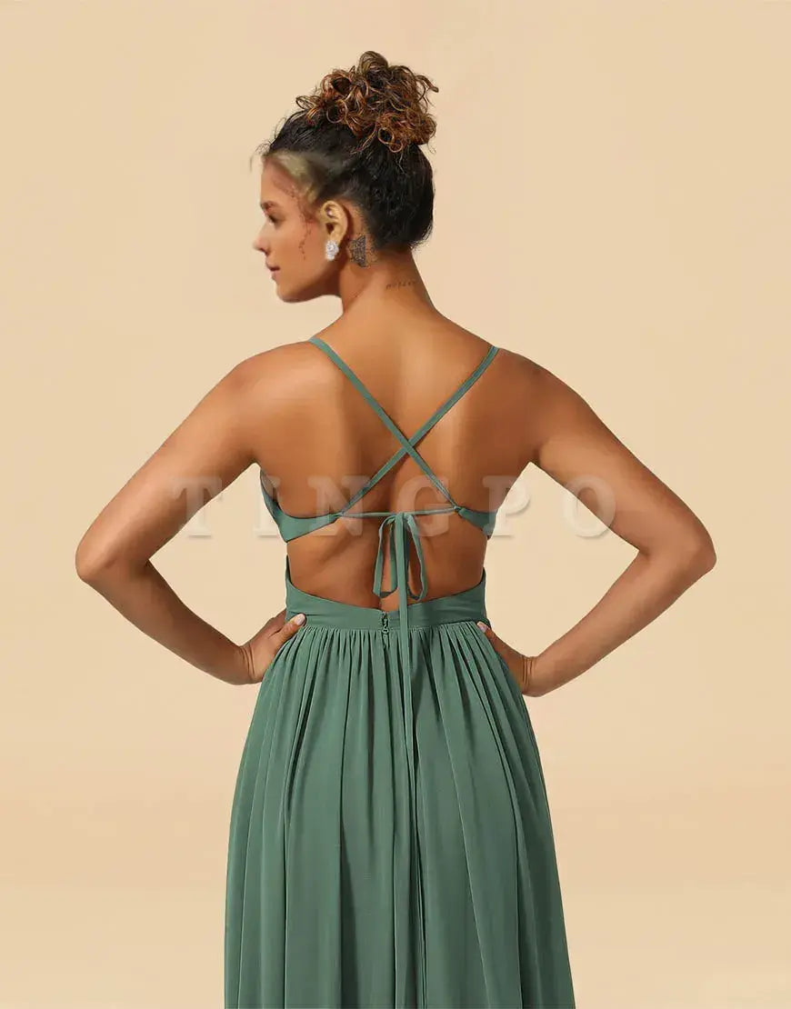 Wholesale Eucalyptus A-Line Spaghetti Straps Floor Length Chiffon Bridesmaid Dress with Split Bridesmaid dress shop ﻿