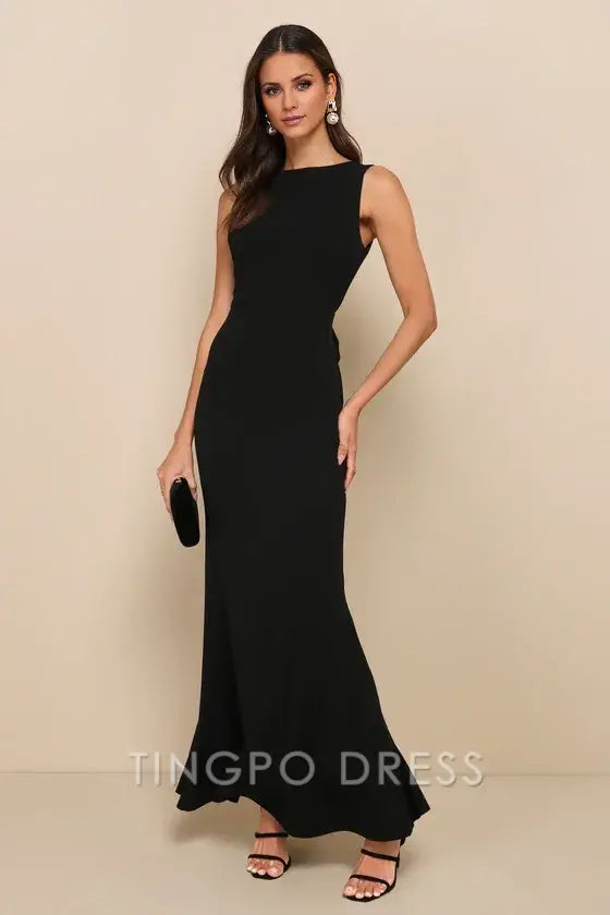 TingPo Wholesale Exquisite Refinement Black Backless Bow Ruffled Maxi Dress formal wear dresses
