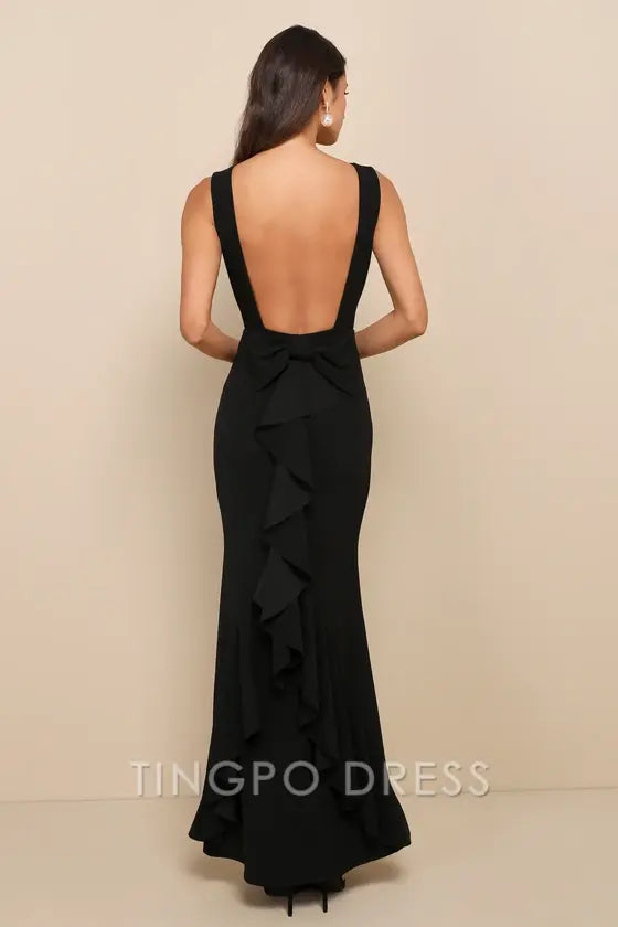 TingPo Wholesale Exquisite Refinement Black Backless Bow Ruffled Maxi Dress formal wear dresses
