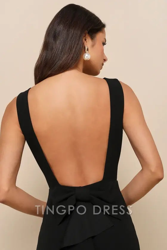 TingPo Wholesale Exquisite Refinement Black Backless Bow Ruffled Maxi Dress formal wear dresses