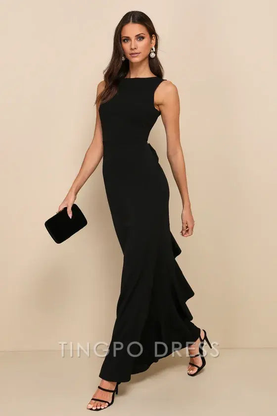 TingPo Wholesale Exquisite Refinement Black Backless Bow Ruffled Maxi Dress formal wear dresses