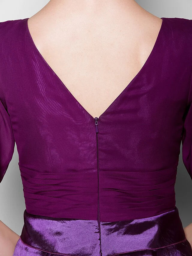 Wholesale Mother of the Bride Dress V Neck Knee Length Chiffon Taffeta Short Sleeve with Criss Cross