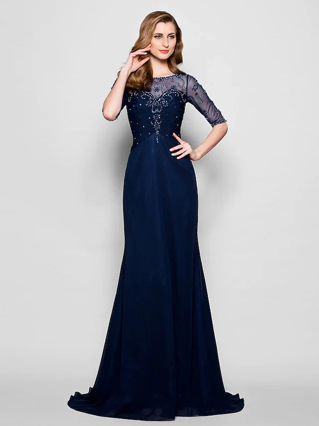 Wholesale A-Line Mother of the Bride Dress See Through Jewel Neck Chiffon Tulle Half Sleeve with Ruched Crystals Beading