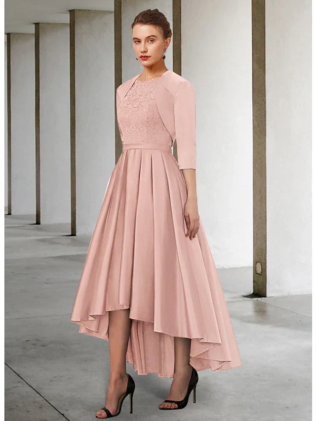 Wholesale Mother of the Bride Dress Elegant Vintage Jewel Neck Asymmetrical Lace Charmeuse 3/4 Length Sleeve with Sash Ribbon Pleats