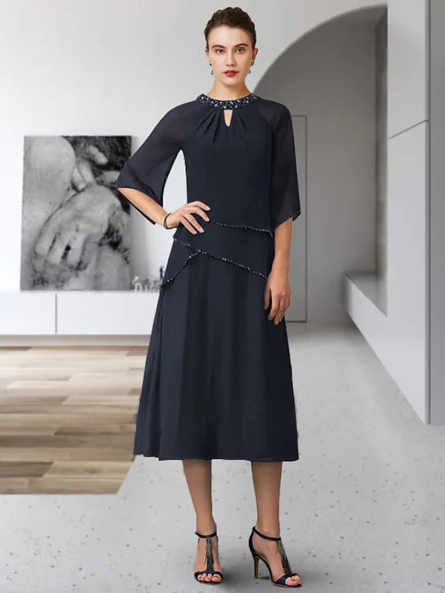 Wholesale A-Line Mother of the Bride Dress Elegant Jewel Neck Tea Length Chiffon Length Sleeve with Sequin Ruffles