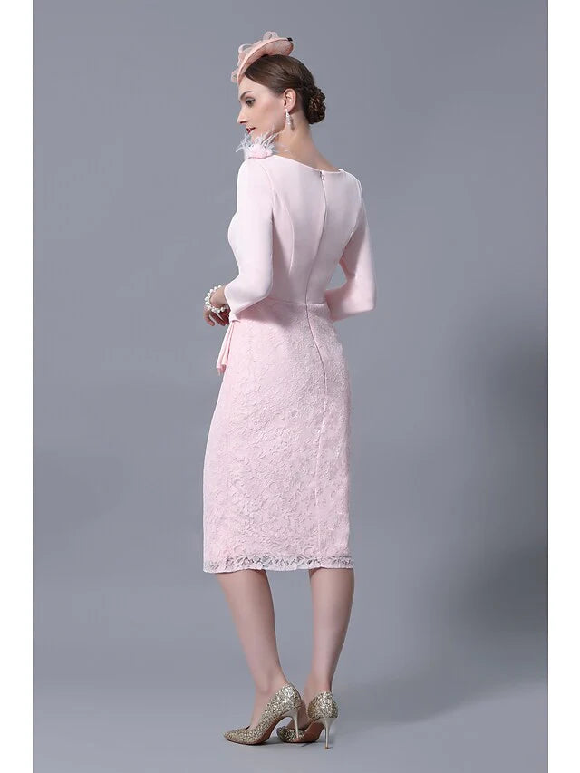 Wholesale Mother of the Bride Dress Plus Size Elegant Vintage Jewel Neck Knee Length Lace 3/4 Length Sleeve with Lace Ruffles Appliques