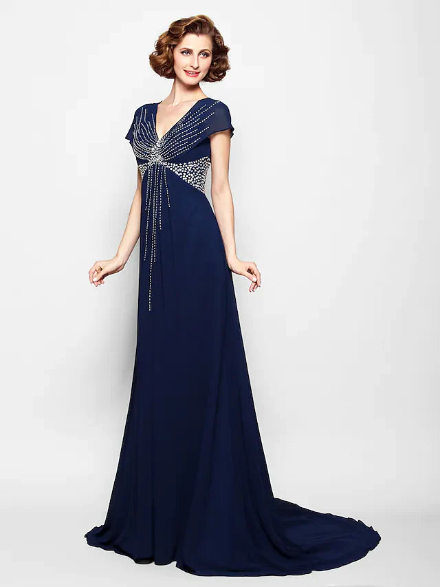Wholesale A-Line Mother of the Bride Dress V Neck Court Train Georgette Short Sleeve with Beading Sequin