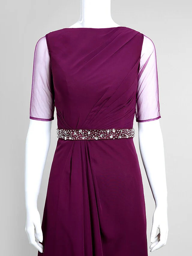 Wholesale Mother of the Bride Dress Elegant Bateau Neck Floor Length Chiffon Tulle Half Sleeve with Beading