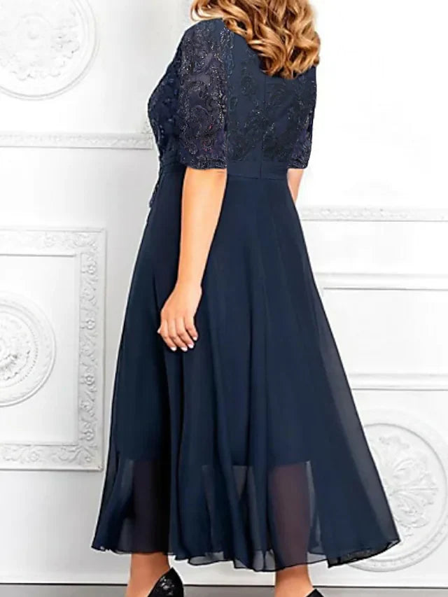 Wholesale A-Line Mother of the Bride Dress Plus Size Elegant V Neck Ankle Length Chiffon Sequined Half Sleeve with Appliques