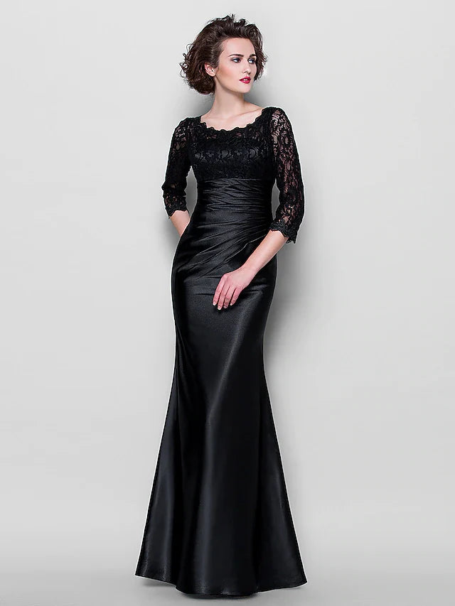 Wholesale Mother of the Bride Dress See Through Jewel Neck Floor Length Stretch Satin Lace Over Satin Length Sleeve with Lace Ruched Side Draping