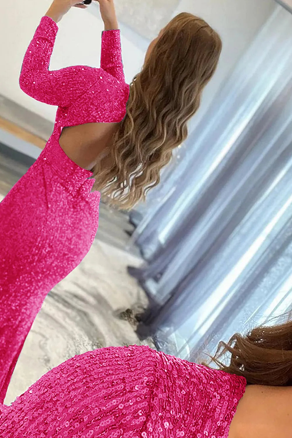 Wholesale Mermaid Glitter Fuchsia Sequins Mesh Evening Dress Backless Prom Dress prom dresses shops