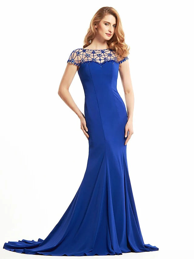 Wholesale Mother of the Bride Dress Elegant Bateau Neck Jersey Short Sleeve with Beading