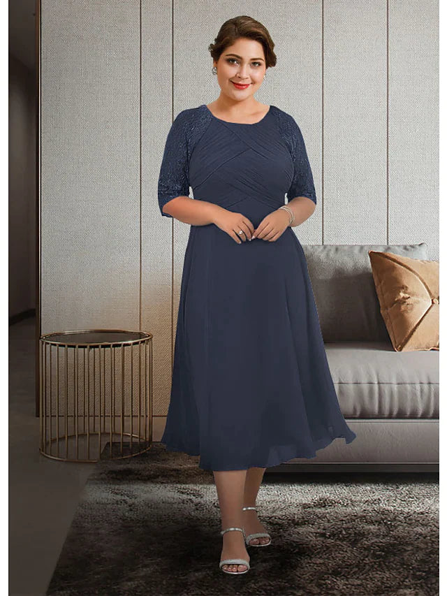 Wholesale A-Line Mother of the Bride Dress Plus Size Elegant Jewel Neck Tea Length Chiffon Lace Half Sleeve with Pleats Appliques Ruching