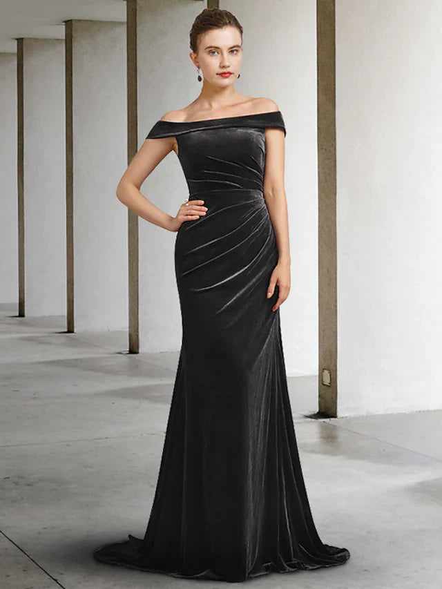 Wholesale Mother of the Bride Dress Elegant Off Shoulder Velvet Sleeveless with Draping