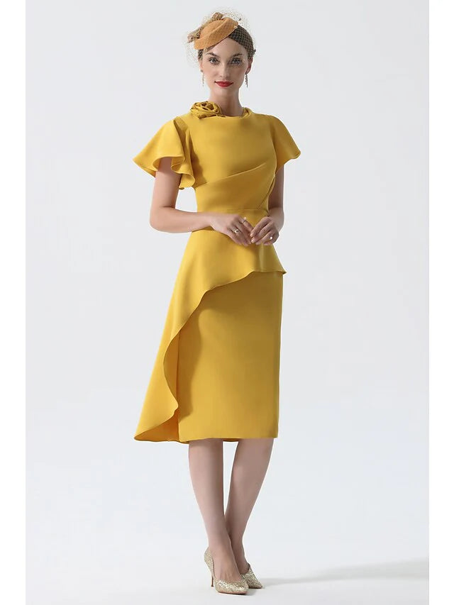 Wholesale Mother of the Bride Dress Elegant Cowl Neck Knee Length Stretch Satin Short Sleeve with Ruching