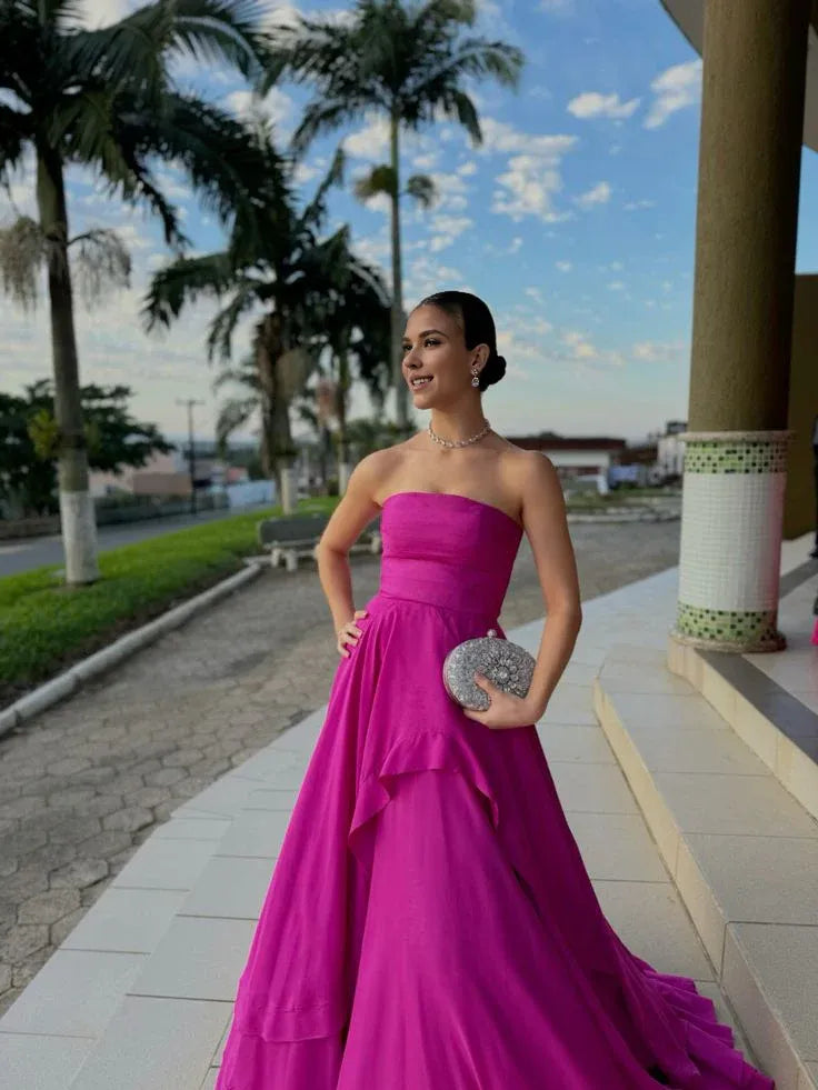 Wholesale Fancy A Line Strapless Satin Long Prom Dresses Ruffles Evening Dress formal wear dresses