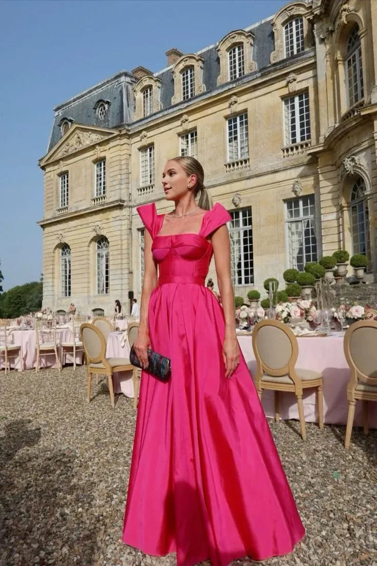 TingPo Wholesale Fancy A Line Straps Hot Pink Satin Long Prom Dresses Ruffles Evening Dress