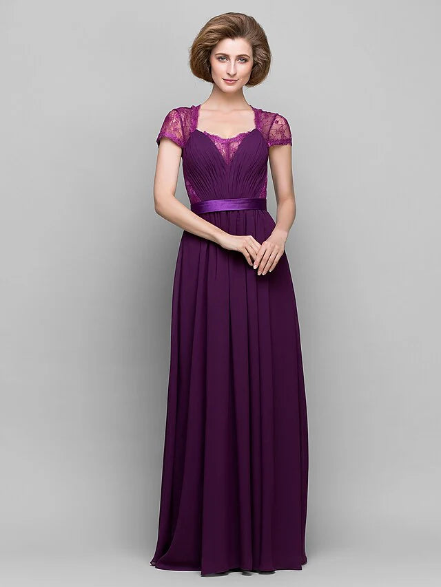 Wholesale A-Line Mother of the Bride Dress Square Neck Floor Length Chiffon Lace Short Sleeve with Lace