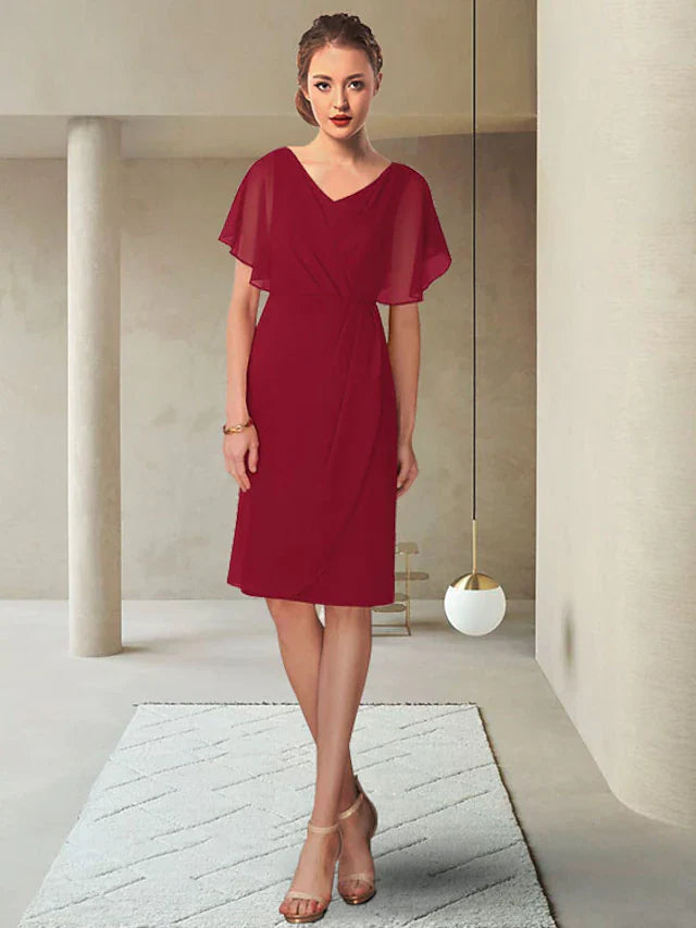 Wholesale Mother of the Bride Dress Elegant V Neck Knee Length Chiffon Short Sleeve with Ruching
