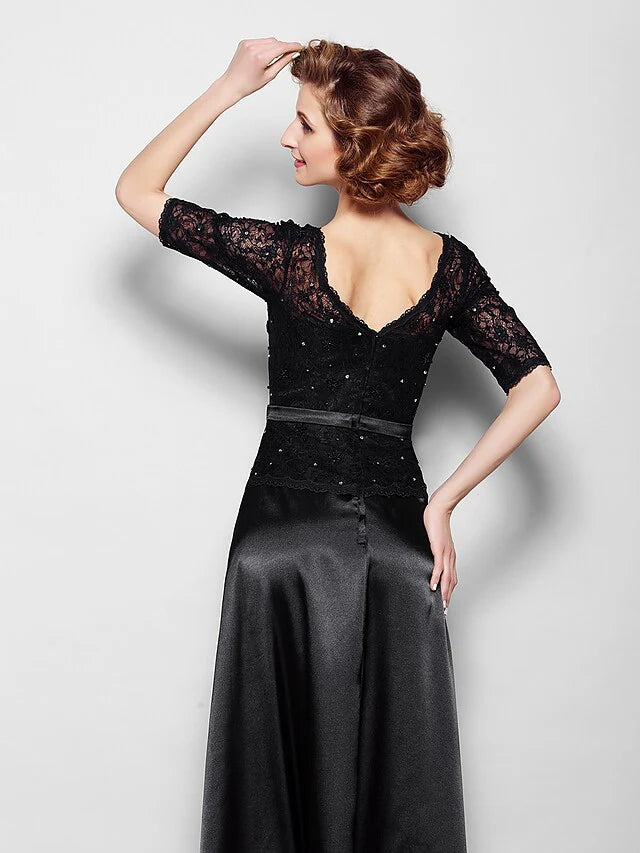 Wholesale Mother of the Bride Dress Elegant V Neck Floor Length Lace Stretch Satin Half Sleeve with Lace Sash Ribbon Bow(s)