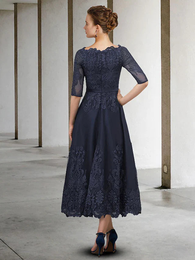 Wholesale A-Line Mother of the Bride Dress Elegant Jewel Neck Ankle Length Lace Tulle Half Sleeve with Appliques