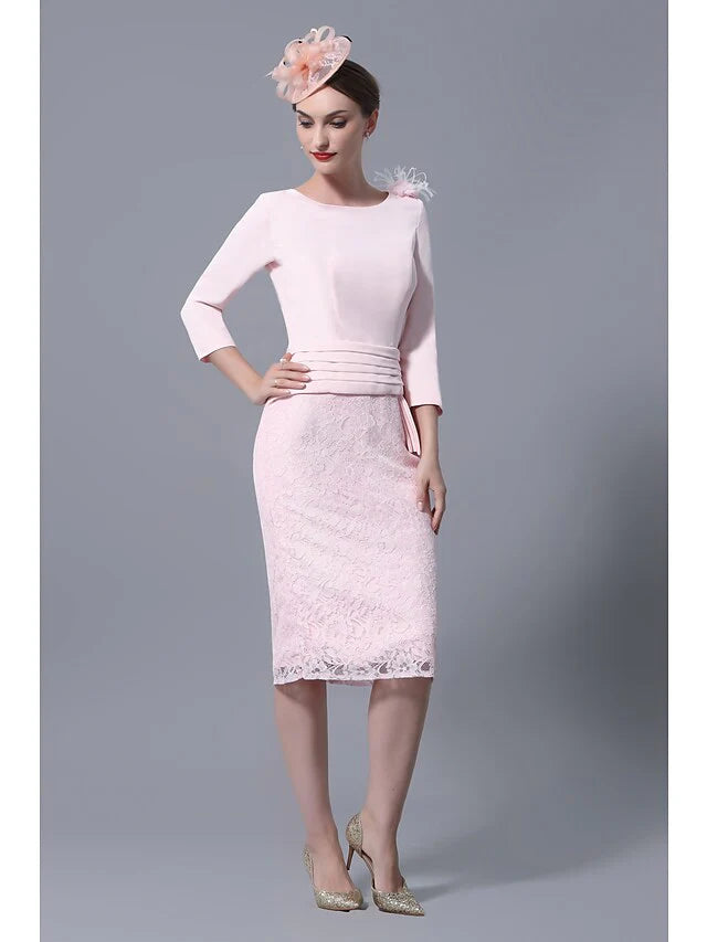 Wholesale Mother of the Bride Dress Plus Size Elegant Vintage Jewel Neck Knee Length Lace 3/4 Length Sleeve with Lace Ruffles Appliques