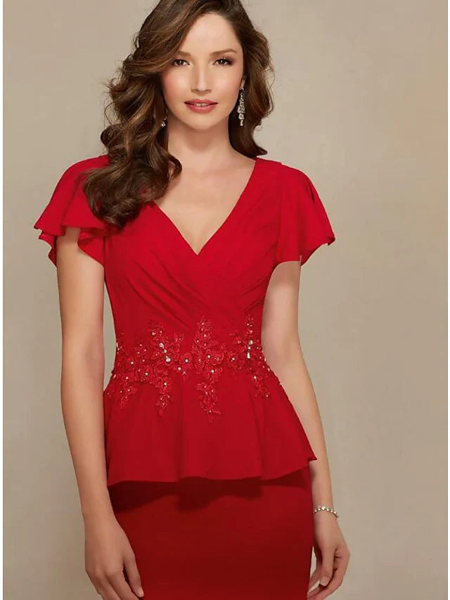 Wholesale Mother of the Bride Dress Elegant & Luxurious Plunging Neck Jersey Short Sleeve with Beading Embroidery Ruching